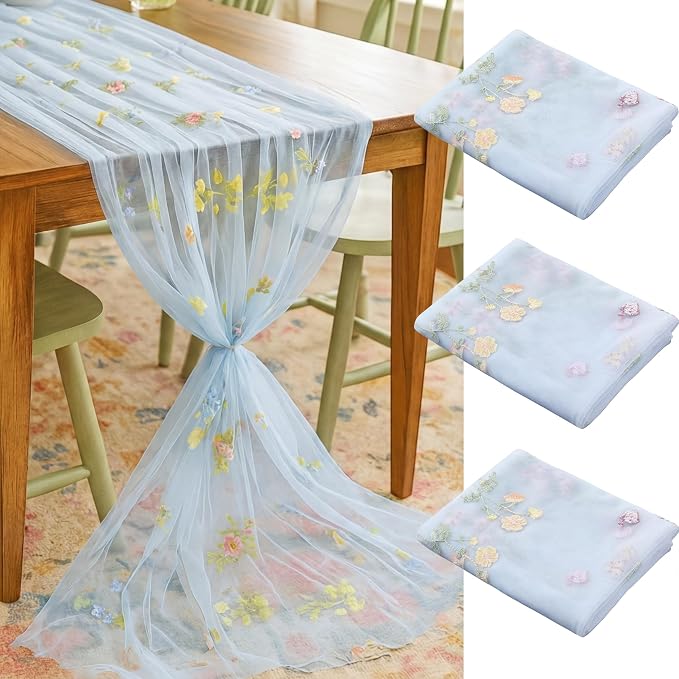 Lounsweer 3 Pcs Blue Wildflower Table Runner 10ft Embroidery Tulle Spring Floral Table Runner Seasonal Summer Butterfly Kitchen Dining Gauze Decoration for Wedding Baby Shower Birthday Party