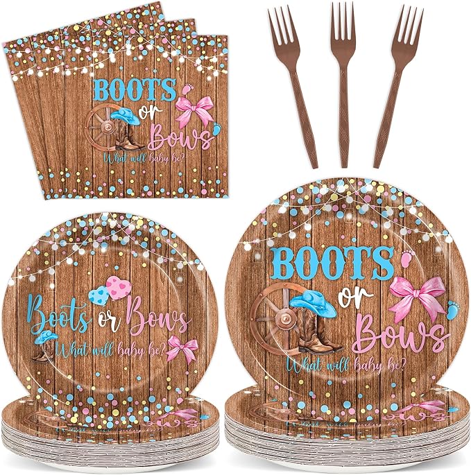 96Pcs Boots or Bows Gender Reveal Decorations Boy or Girl Paper Plates Napkins Blue or Pink Tableware Dinnerware Set Disposable Party Supplies for Baby Shower Gender Reveal Party Favors Serves 24