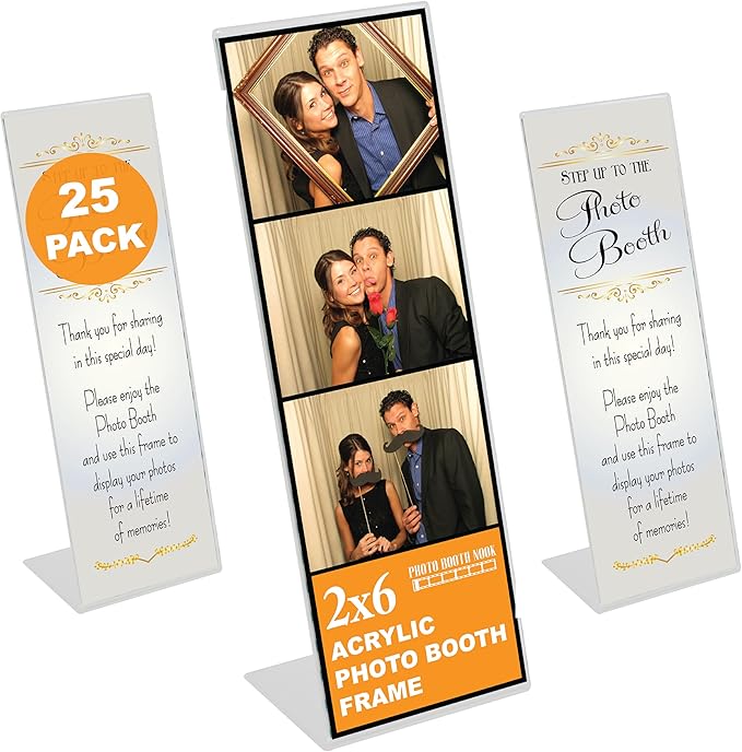 Photo Booth Nook | 2x6 Slanted Photo Booth Frames (25 Count) | Crystal Clear Acrylic Photo Booth Picture Frame with Silver Inserts | Bulk