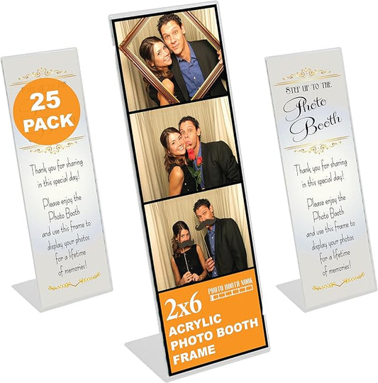 Photo Booth Nook | 2x6 Slanted Photo Booth Frames (25 Count) | Crystal Clear Acrylic Photo Booth Picture Frame with Silver Inserts | Bulk