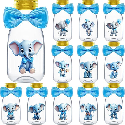 Ethisa Small 12 Pack Blue Elephant Party Favors - Candy Jars with Ribbons and Stickers - DIY Party Decoration Bottles for Baby Shower, Birthday, Gender Reveal, and Classroom - Boy Table Centerpiece