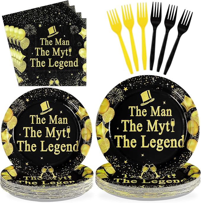 96 Pcs The Man The Myth The Legend Party Decorations Mens Birthday Plates and Napkins Disposable Black and Gold Tableware Set for Fathers Day Birthday Retirement Party Supplies Serves 24