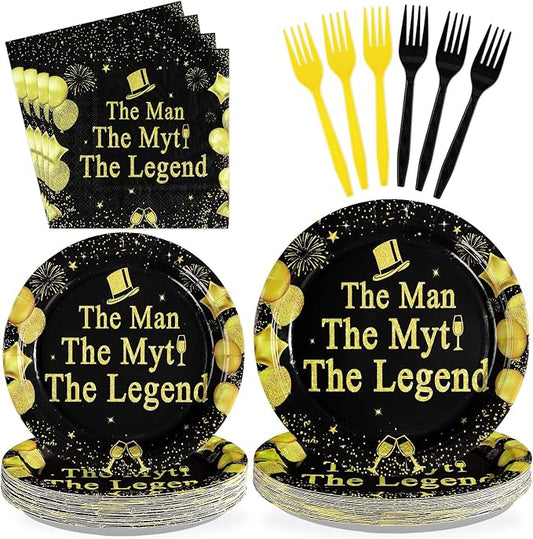 96 Pcs The Man The Myth The Legend Party Decorations Mens Birthday Plates and Napkins Disposable Black and Gold Tableware Set for Fathers Day Birthday Retirement Party Supplies Serves 24