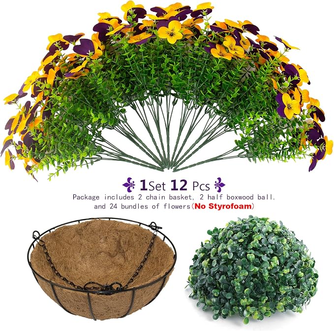 lovemoon 2 Set Artificial Outdoor Pansies Flowers with Hanging Baskets, 2 Hanging Planters with 24 Pcs Silk Pansy Flowers for Spring Easter Decorations Porch Patio Home Decor (2, Purple, Yellow)