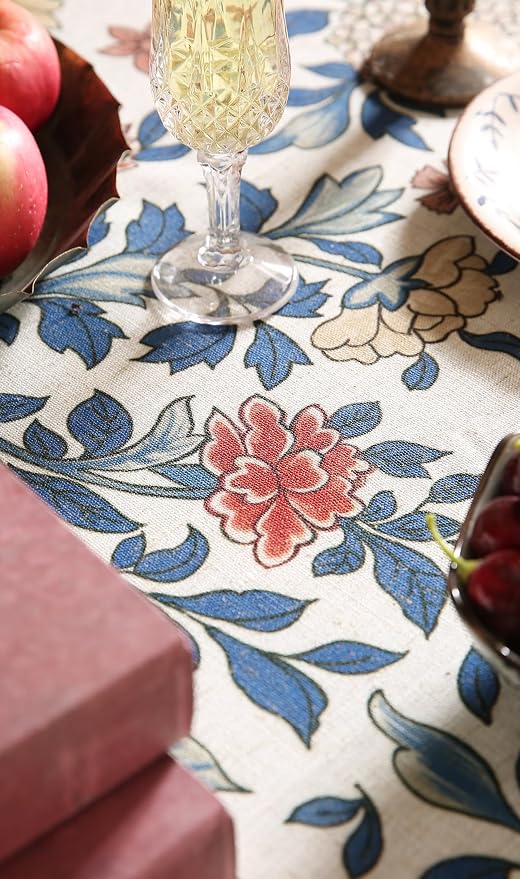 patdrea Vintage French Linen Tablecloth,Round,Diameter 67"-Ivar A | Elegant Colorful Table Cloth for Round Table,Blue and White Floral Patterned,Dining Room Tea Party Thanksgiving