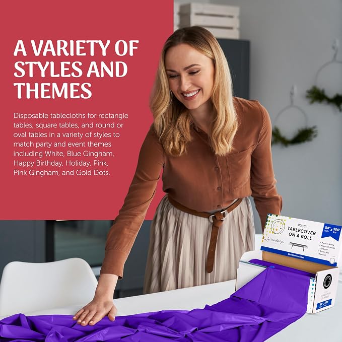 Grandipity Plastic Tablecloth Roll - 54in x 300 Ft. Purple Plastic Table Cloths for Parties Disposable with Cutter Box - Cut to Size Disposable Tablecloth Table Cover for Rectangle & Round