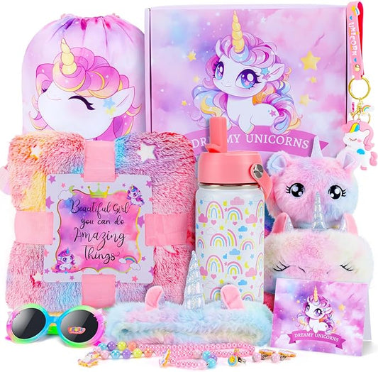 Unicorn Toys for Girls Kids Toys 5 6 7 8 9 10+ Years Old, Kids Unicorn Gifts with Glowing Blanket/ Water Bottle/ Eye Mask/Headband/Crossbody Bag/Sunglass/12PCS Birthday Gift for Girls 6-10+