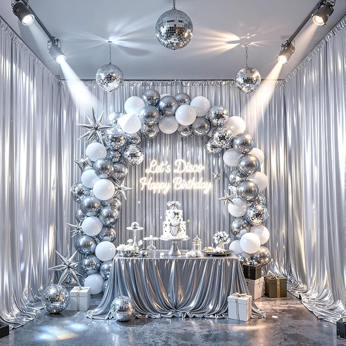 Silver Glitter Backdrop Curtains - 10x12FT Satin Photo Backdrop, Wrinkle-Free Shimmer Back Drop Cloth Shiny Drapes for Photobooth Wedding Birthday Parties Photoshoot Background Decorations