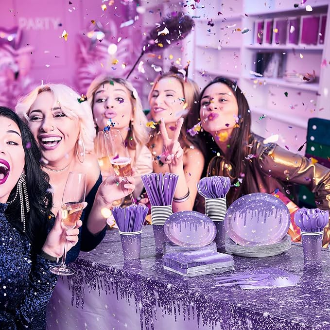 Funnymoom 452 Pcs Purple and Silver Birthday Party Decorations Include Glitter Purple Paper Plates and Napkins Cups Tablecloth Cutlery Straws Disposable Tableware Set for Women Birthday Supplies