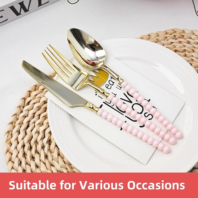 150 Pcs Gold Plastic Silverware,Gold Plastic Utensils with Pink Beads Handle,Fancy Disposable Cutlery Set Include 50 Forks 50 Knives 50 Spoons for Party & Wedding