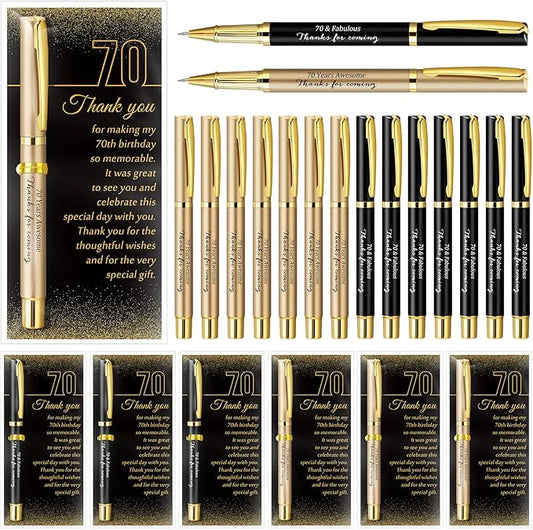 Feifeiya 50 Set 70th Birthday Party Favor for Guest Anniversary Party Favor with Black and Gold Ballpoint Pens and Thank You Cards for Women Men Birthday Anniversary Appreciation Gifts