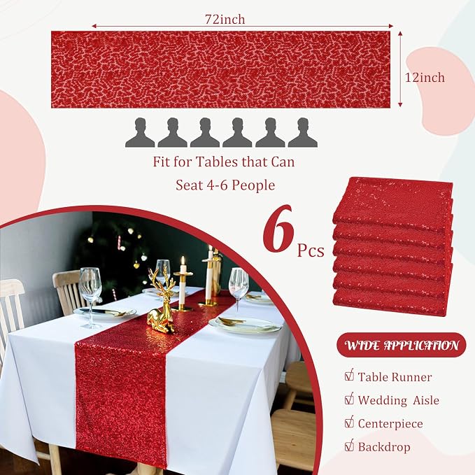 6 Pack Red Valentine's Day Sequin Table Runner 12" x 72" Sparkle Table Runner for Baby Bridal Shower Wedding Birthday Party Table Decor (Red)