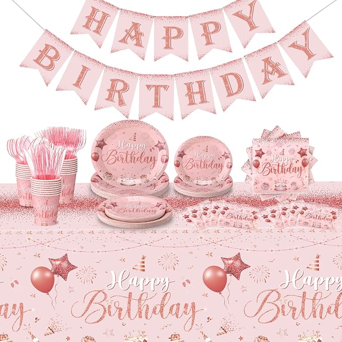 Vesici 171 Pcs Happy Birthday Party Supplies 24 Set Disposable Party Tableware include Plates Cups Napkins Cutlery and Banner Tablecloth Birthday Dinner Decorations for Men Woman(Pink, Rose Gold)