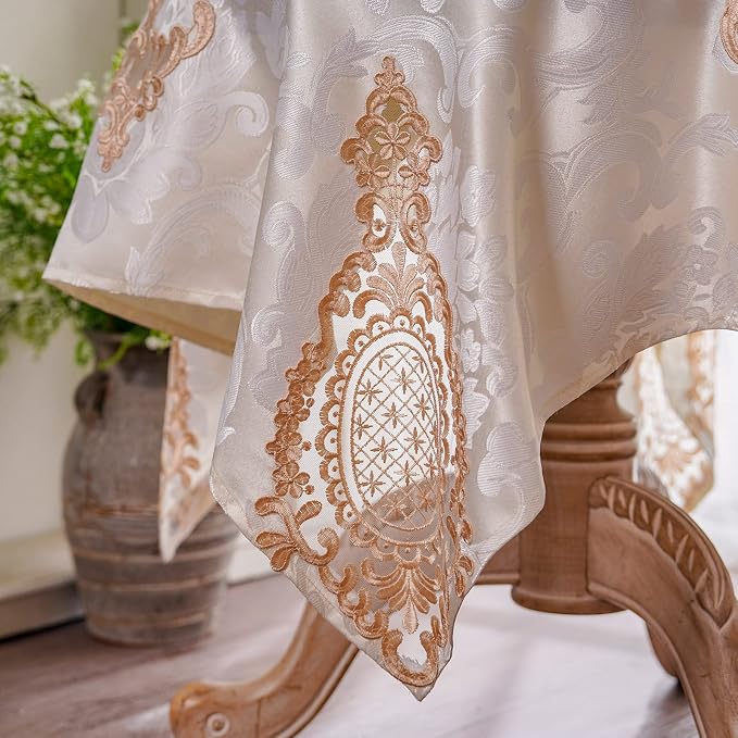 ARTABLE Jacquard Lace Tablecloth Rectangle Fabric Embroidery Table Cloth Vintage Farmhouse Rustic Table Cover for Home Kitchen Wedding Outdoor Indoor Party Decor (Cream, 52 x 70 Inch)