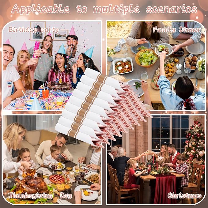 Supernal 100pack Rose Gold Plastic Silverware with Napkins, Prewrapped & Rolled Rose Gold Disposable Utensils, Elegant Pink Gold Cutlery Rolls for Wedding, Baby Shower & Party
