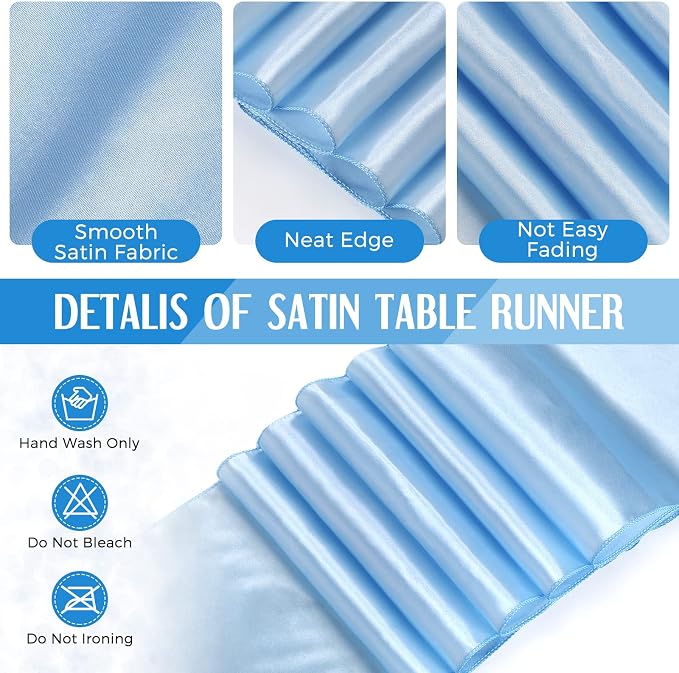 Tudomro 16 Pcs White and Light Blue Disposable Plastic Tablecloths and Satin Table Runner Set 54x108 Inch Tablecloth 12x108 Inch Table Runners for New Year Wedding Birthday Baby Shower Graduation