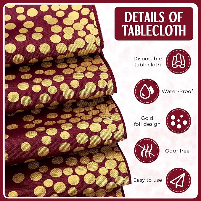 Breling 16 Pack Burgundy and Gold Disposable Plastic Tablecloths and Satin Table Runner Set, 54 x 108 Inch Tablecloth, 12 x 108 Inch Table Runners for Wedding Graduation Birthday Baby Shower