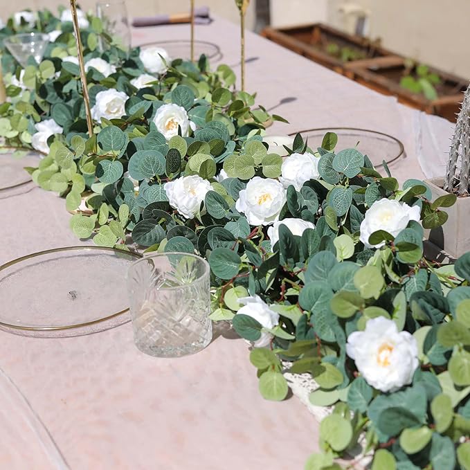 MISSPIN 2pcs Artificial Flowers Garland Spring Eucalyptus Garland Vintage Fake Flower Peony Rose Vine Greenery Decorative Wall Hanging Plant for Wedding Arch Door Arrangement Party Decor (White,2pcs)