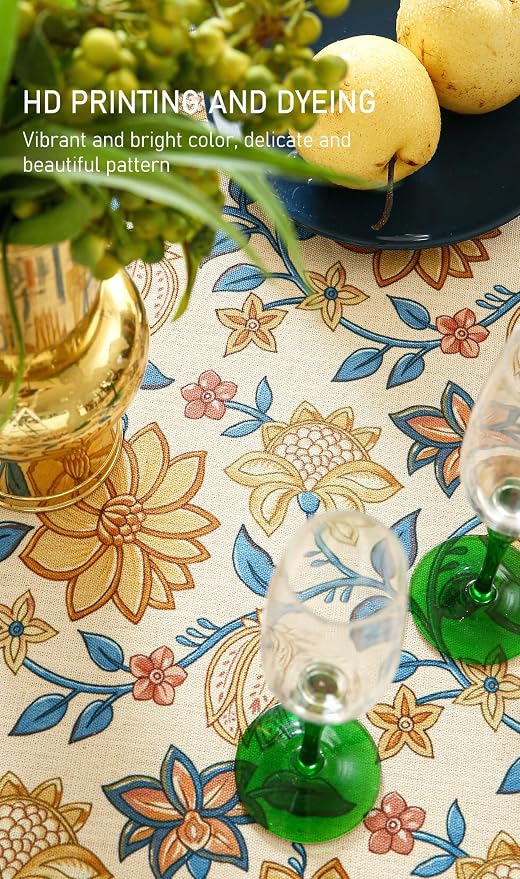 ISAENNE Designer Vintage Linen Round Tablecloth,Diameter 55"-Estevan B | French Elegant Beautiful Printed Table Cloth,Orange Floral Pattern,Durable,Dining,Kitchen,Tea Party,Thanksgiving,Decor