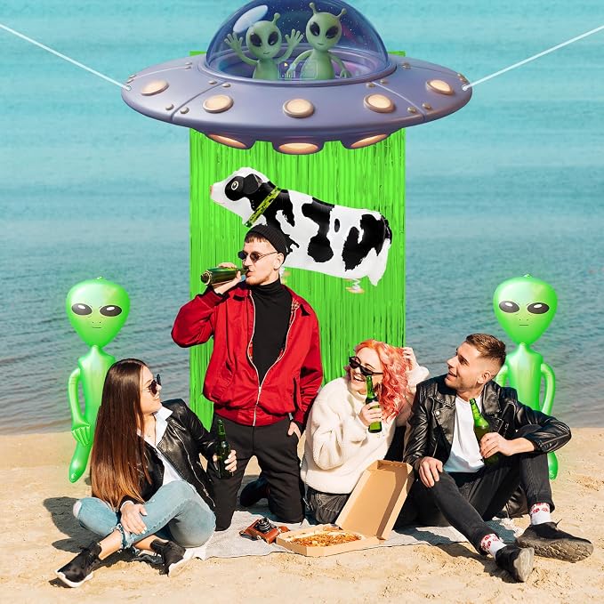Alien Party Supplies Outer Space Theme Birthday Decor with Tinsel Foil Fringe Curtain Cow Balloon Spaceship Hanging Banner Backdrop for Birthday Baby Shower Wall Door Decor