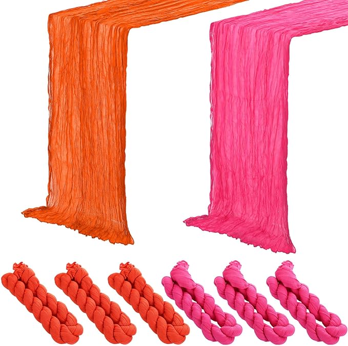 6 Pcs Pink and Orange Cheesecloth Table Runner Boho Gauze Cheese Cloth Runner 118" Rustic Table Decor for Sunset Party Wedding Bridal Baby Shower Birthday Thanksgiving Home Arbor Decor