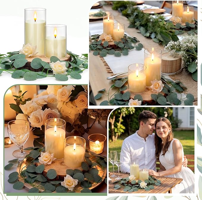 VIHOSE 36 Pcs Wooden Wedding Candle Centerpiece Includes 7.1"-7.9" Round Wood Slices, Eucalyptus Garlands, Flameless LED Candles and Artificial Roses for Wedding Country Farmhouse Table Decor, 6 Sets