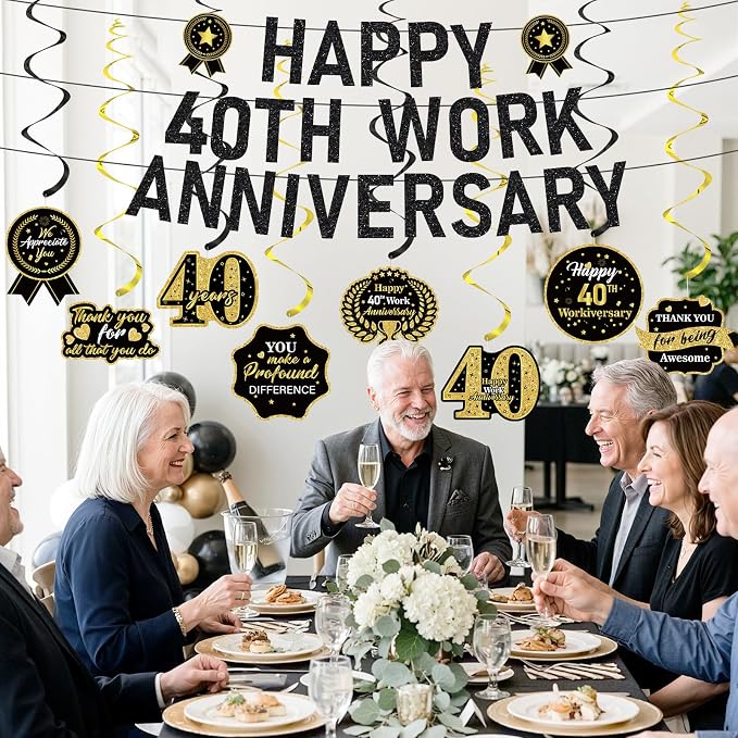 11pcs 40 Year Work Anniversary Decorations Black Gold Happy 40th Work Anniversary Banner Hanging Swirls Employee Appreciation Decorations Supplies 40 Year Workiversary Gifts for Employee Worker