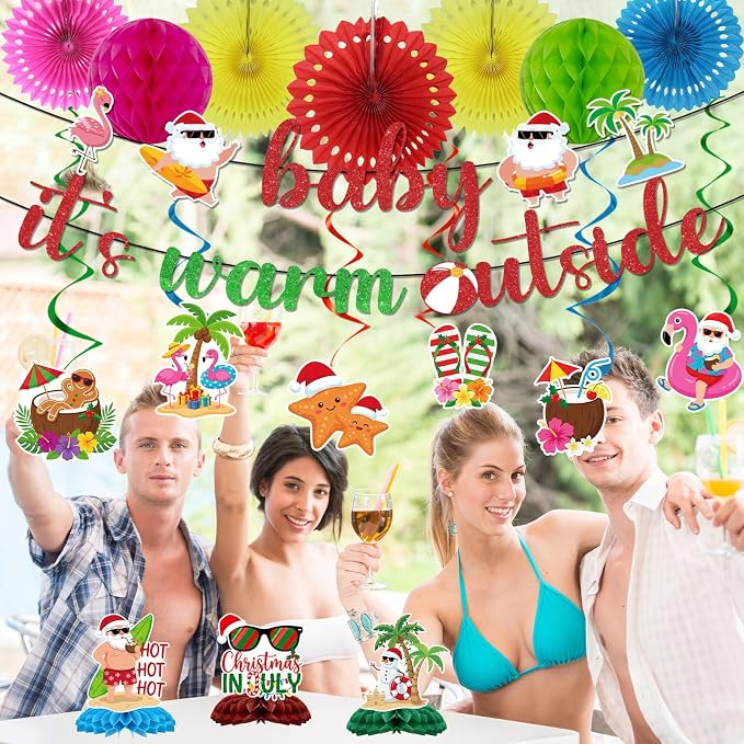 Rakuto July in Christmas Party Decorations, 18PCS Summer Santa in July Beach Banners Hanging with Swirls Decoration, Mele Kalikimak Paper Fans Poms and Honeycomb Centerpieces Decor Supplies