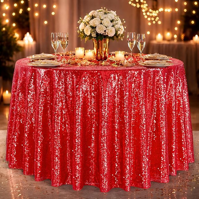 B-COOL Red Sequin Tablecloth Round Table Decor - 120 Inch Sequence Fabric Decoration for Grilling Themed Party Buffet Baby Shower Christmas