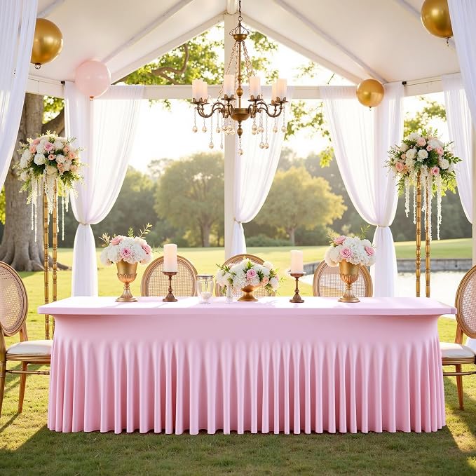6 pk Baby Pink Spandex Tablecloth 8ft With Ruffled Table Skirt, Wrinkle Free Stretchy Fitted Tablecloths for 8 Foot Rectangle Tables, Elastic Spandex Table Covers for Weddings Parties Banquet