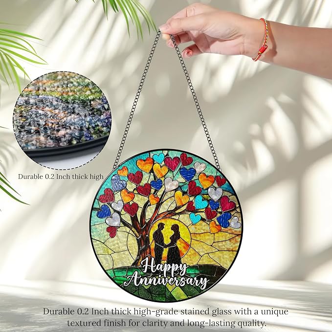 Happy Anniversary Stained Glass Suncatcher, Romantic Anniversary Wedding Gift for Wife, Husband, or Couples, Wedding Anniversary Celebration Keepsake Decoration