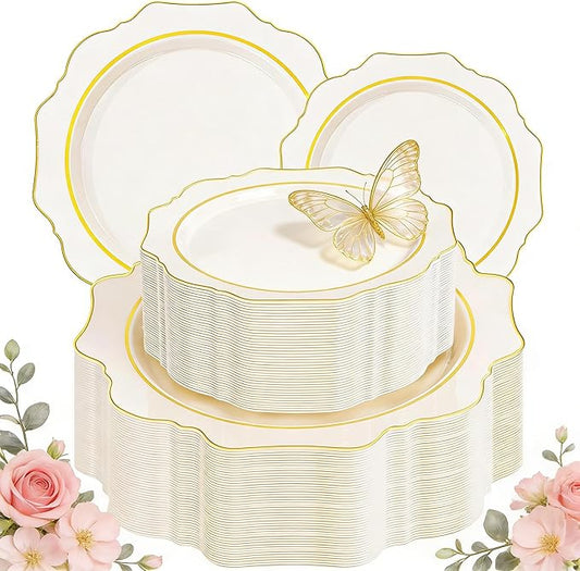 WDF 100PCS Ivory Plastic Plates with Gold Rim - Cream Plastic Plates - Include 50 Dinner & 50 Dessert Fancy Disposable Plate for Party - Heavy Duty Beige Plate for Baby Shower/Wedding/Mother's Day