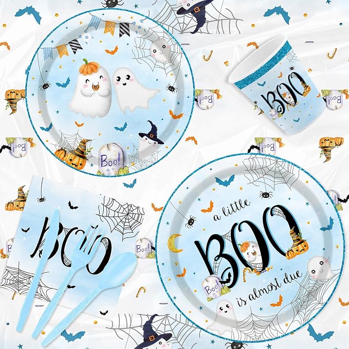 MEHOFOND Halloween Little Boo Baby Shower Decorations for Boy, A Little Boo is Almost Due Party Supplies Blue Disposable Tableware Set 169Pcs Plates Napkins Plastic Tablecloth for Baby Shower Party