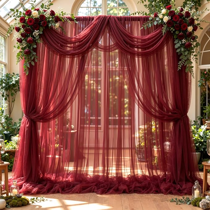 20x10ft Burgundy Tulle Backdrop Curtain for Parites, Sheer Photo Backdrop Drapes for Wedding Baby Shower Boy Shower Birthday Party Photo Shoot Background Decorations