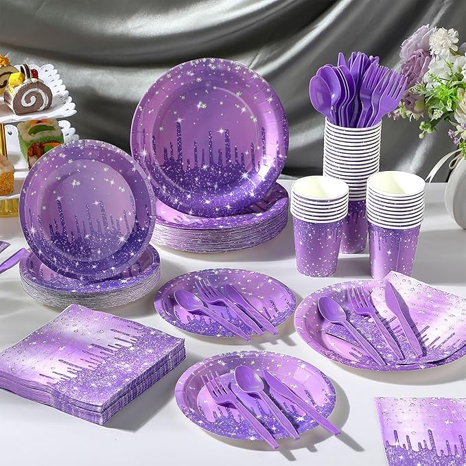 400 Pcs Purple and Silver Birthday Party Supplies Disposable Paper Plates Purple Glitter Diamonds Napkins and Cups for Women Birthday Anniversary Wedding Party Decorations Supplies