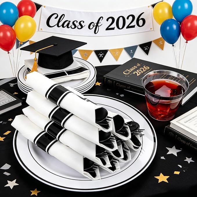 WELLIFE 350Pcs Black Plastic Dinnerware with Pre Rolled Napkins, Include:50 Dinner Plates, 50 Dessert Plates, 50 Paper Napkins, 50 Cups, 150 Plastic Cutlery