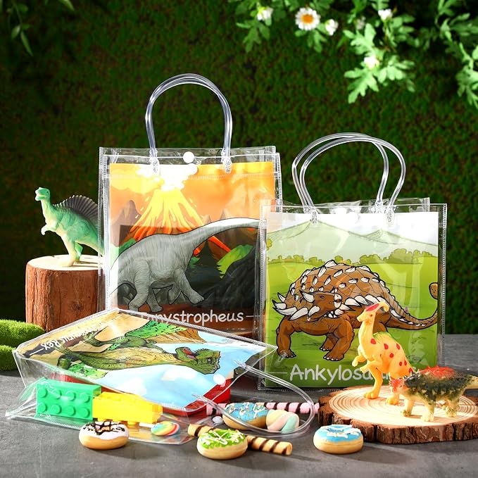 Teenyyou 24 Pcs Dinosaur Clear Gift Bags with Handles Cute Dinosaur Party Favor Candy Snack Treat Bags for Birthday Baby Shower Dino Theme Party Supplies