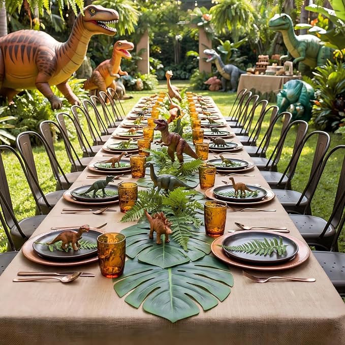 Moukeren 2 Pcs Jungle Dinosaur Party Decorations Set Artificial Palm Leaves Table Runner 70" x 11" and Large Burlap Tablecloth 105" x 53.9" Tropical Party Supplies for Birthday Jungle Hawaiian