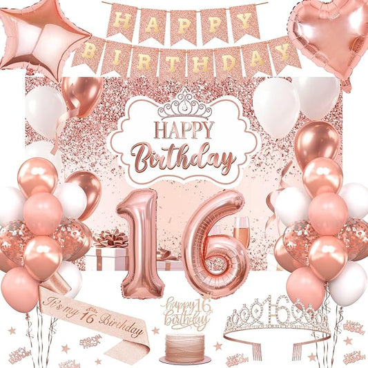 16th Birthday Decorations for Girls, 52pcs Sweet Rose Gold Happy 16 Birthday Decorations Including 16th Rose Gold Crown, Sash, Banner, Background for 16 Party Decorations Set