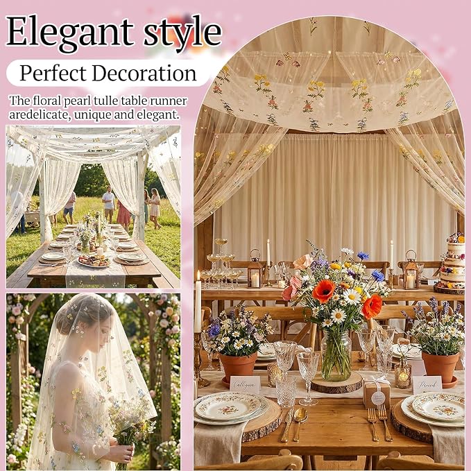 Lounsweer 3 Pcs Apricot Wildflower Table Runner 10ft Embroidery Tulle Spring Floral Table Runner Seasonal Summer Butterfly Kitchen Dining Gauze Decoration for Wedding Baby Shower Birthday Party