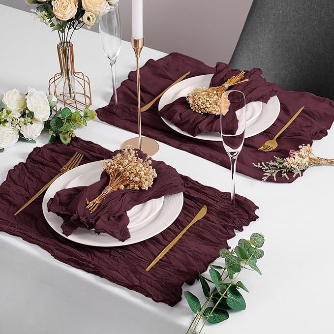 LZY 120 Pack Gauze Cheesecloth Napkins 20x20 Inch Dinner Cloth Napkins, Soft Boho Table Napkins Rustic Wrinkled Cheese Cloth Napkins Bulk for Wedding Party Baby Shower Event Decor (Burgundy)