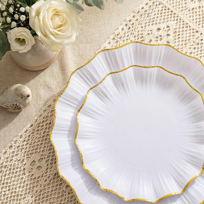 U-QE 175PCS Gold Plastic Plates - Disposable Dinnerware Set for 50 Guests - White and Gold Plates and Napkins Party Supplies include 50 Plates, 25 Per Rolled Napkins with Gold Cutlery, 25 Cups