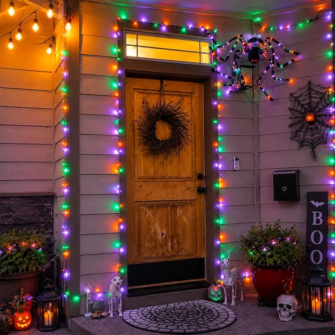 YEGUO Battery Operated Halloween Lights, 2 Pack Each 33ft 100 LED Orange Purple and Green String Lights Outdoor Waterproof, 8 Modes Clear Wire Christmas Twinkle Lights Indoor with Remote