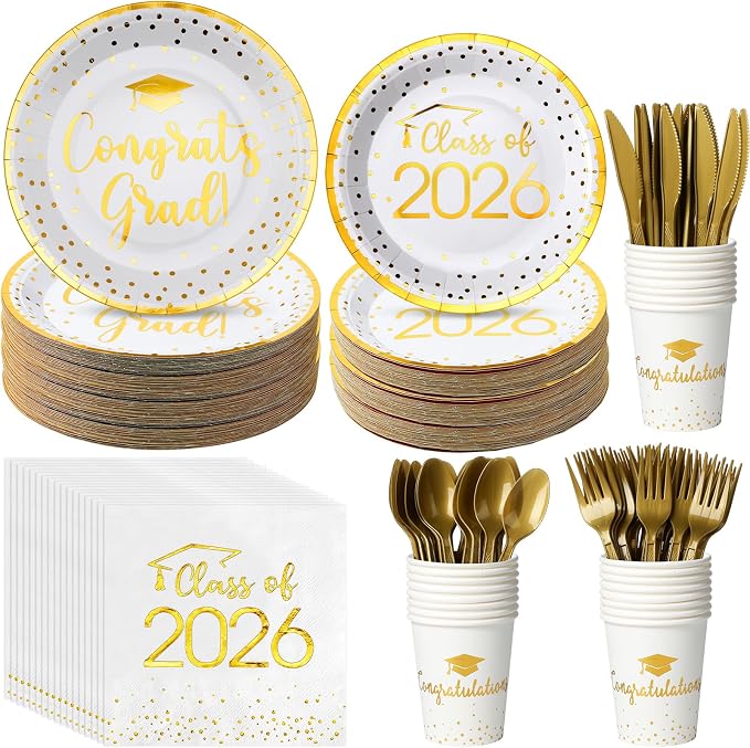700pcs Class of 2026 Graduation Plates and Napkins Set, Disposable Paper Plate Set Polka Dots Napkins Cups Knife Fork Spoon for Graduation Party Decorations and Supplies,Serve 100 (White Gold)