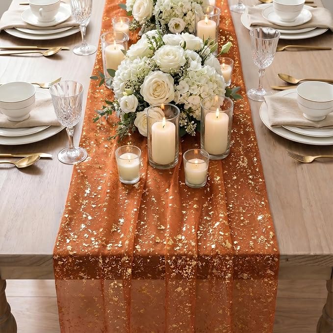Artoid Mode 3PCS Caramel Gauze Gold Table Runner 120 Inch 10FT, Glitter Metallic Foil Sheer Dining Wedding Anniversary Holiday Table Decor for Home Party