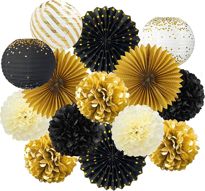 ADLKGG Black and Gold Party Decorations, 14 Pcs Hanging Paper Fans, Lanterns, Pom Poms, Photo Backdrop for Class of 2026 Graduation, Men's Birthday, Great Gatsby Theme Party