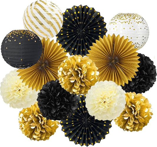 ADLKGG Black and Gold Party Decorations, 14 Pcs Hanging Paper Fans, Lanterns, Pom Poms, Photo Backdrop for Class of 2026 Graduation, Men's Birthday, Great Gatsby Theme Party