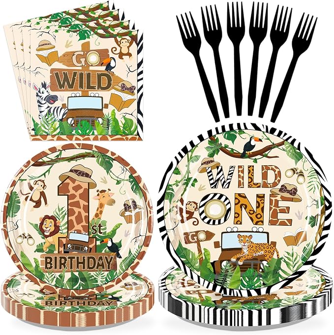 96 Pcs Wild One Birthday Party Decorations Jungle Animal Safari Plates and Napkins Mouse Safari Woodland Themed Tableware Set for Boys Girls 1st Birthday Baby Shower Party Supplies, Serves 24