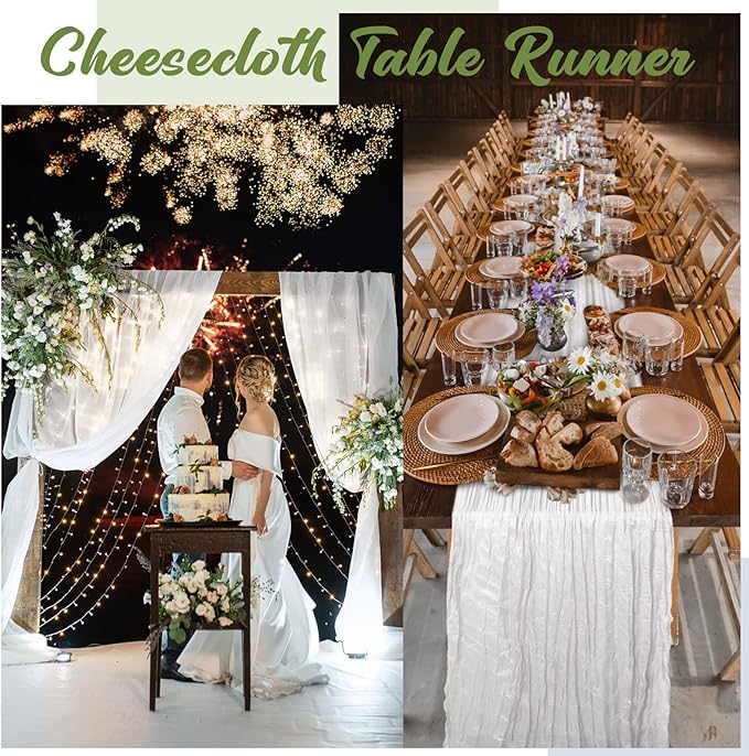 Foaincore 12 Pack White Cheesecloth Table Runner 13FT Boho Gauze Table Runner 157'' Long Rustic Wedding Tablerunner for Bridal Shower Baby Shower Arch Decor Party Tablecloth