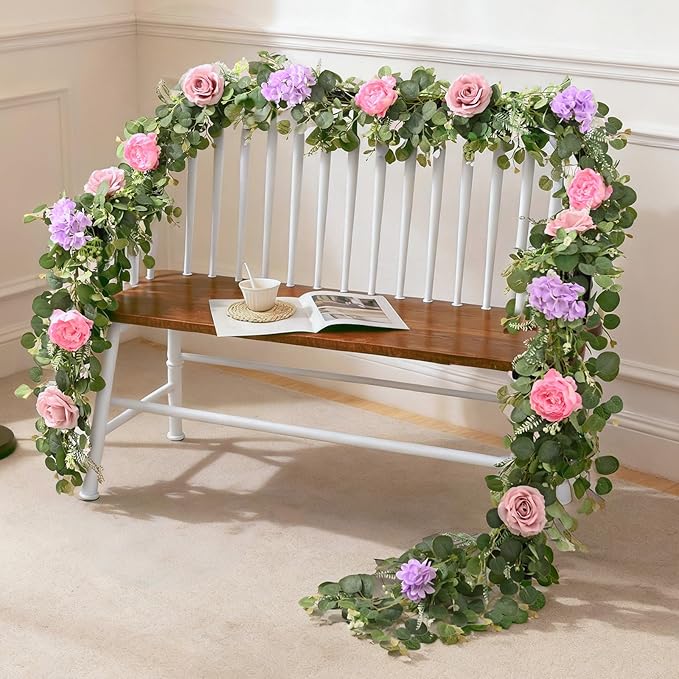 Livole 2Pcs 12 Ft Artificial Flower Garland Fake Pink Rose Peony Floral Garland with Eucalyptus Flower Hanging Vine for Wedding Arch Table Centerpieces Backdrop Party Home Decorations